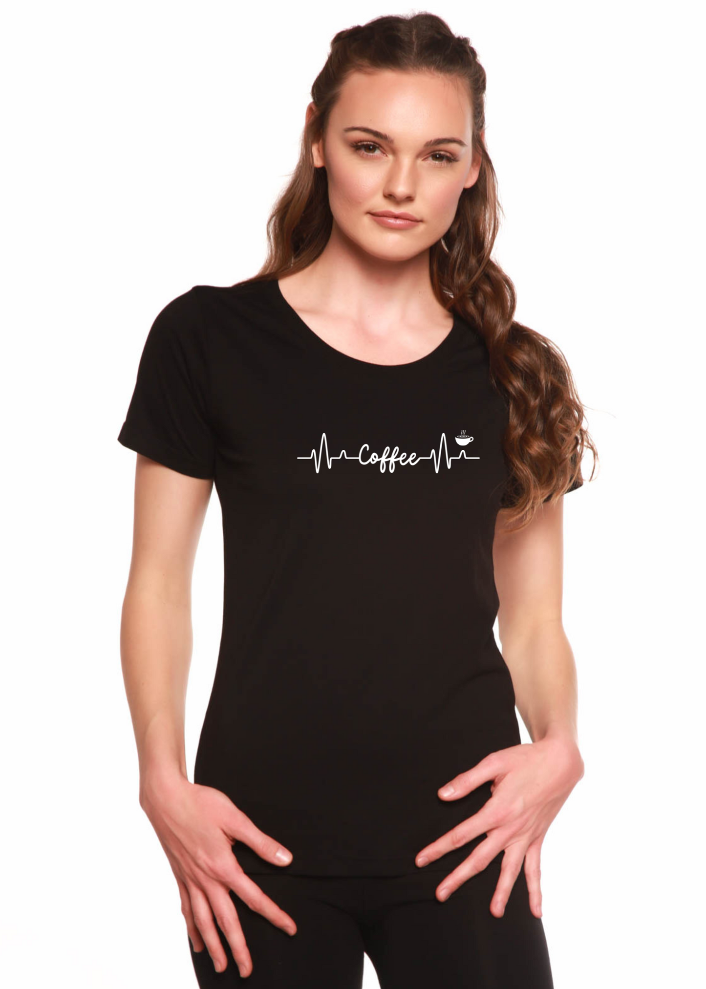 Camiseta de manga corta con cuello redondo para mujer de bambú/algodón con estampado Heartbeat Coffee