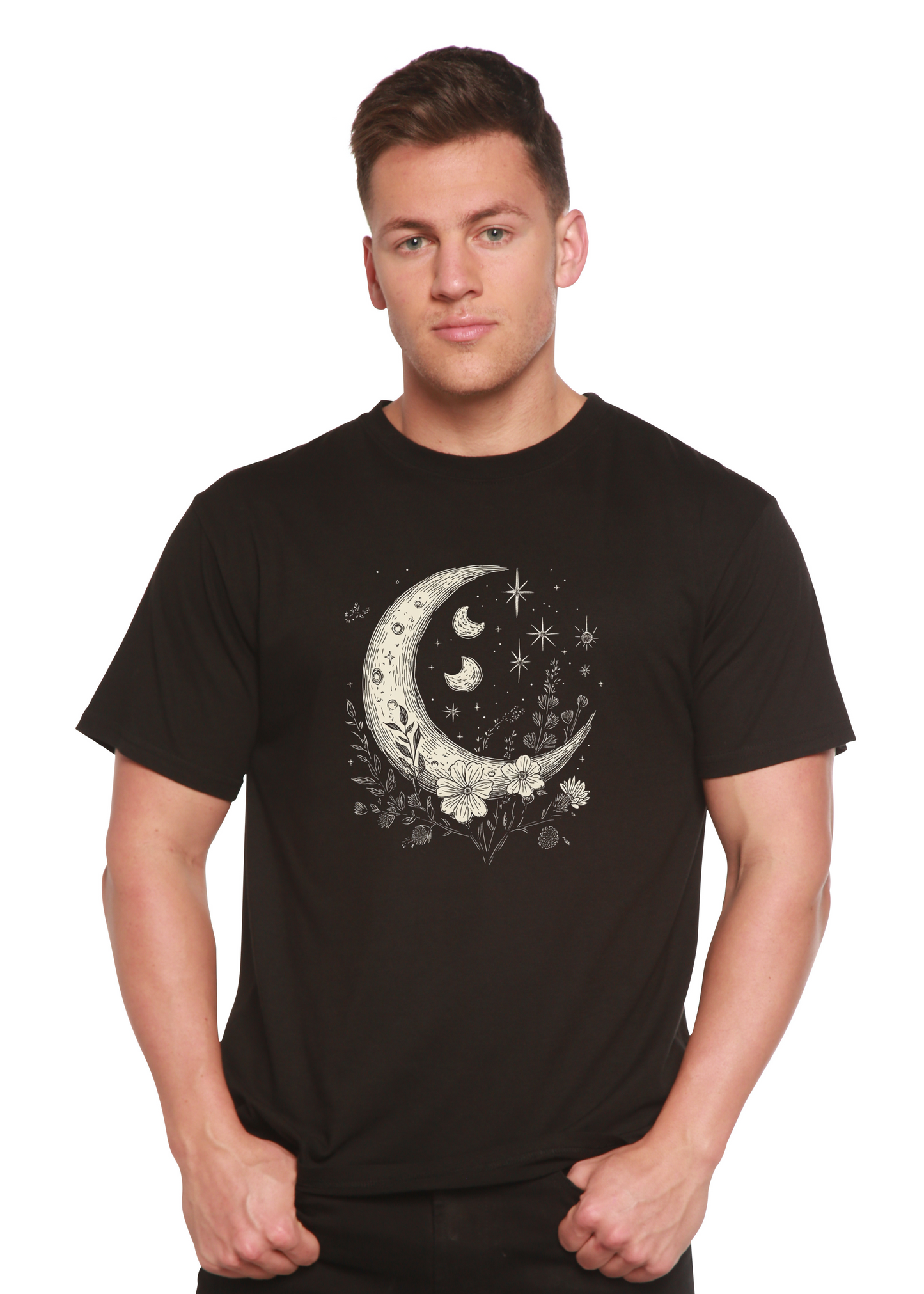 Camiseta gráfica unisex vintage de bambú/algodón con flores bohemias de lunas y estrellas