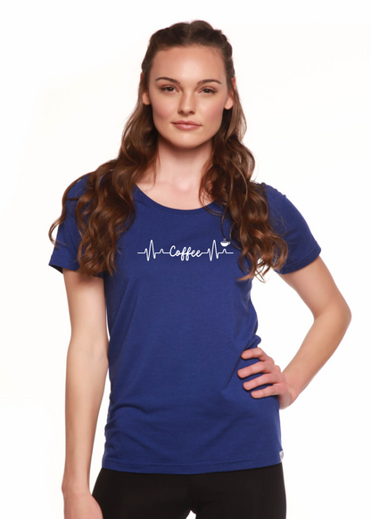 Camiseta de manga corta con cuello redondo para mujer de bambú/algodón con estampado Heartbeat Coffee