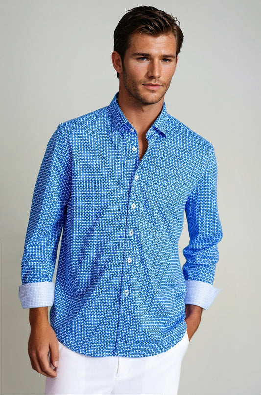 Camisa técnica de manga larga con cuadros suizos - Azul