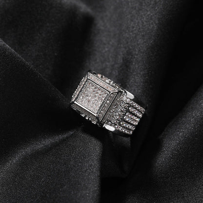 Anillo de pareja con incrustaciones de diamantes cuadrados estilo hip-hop