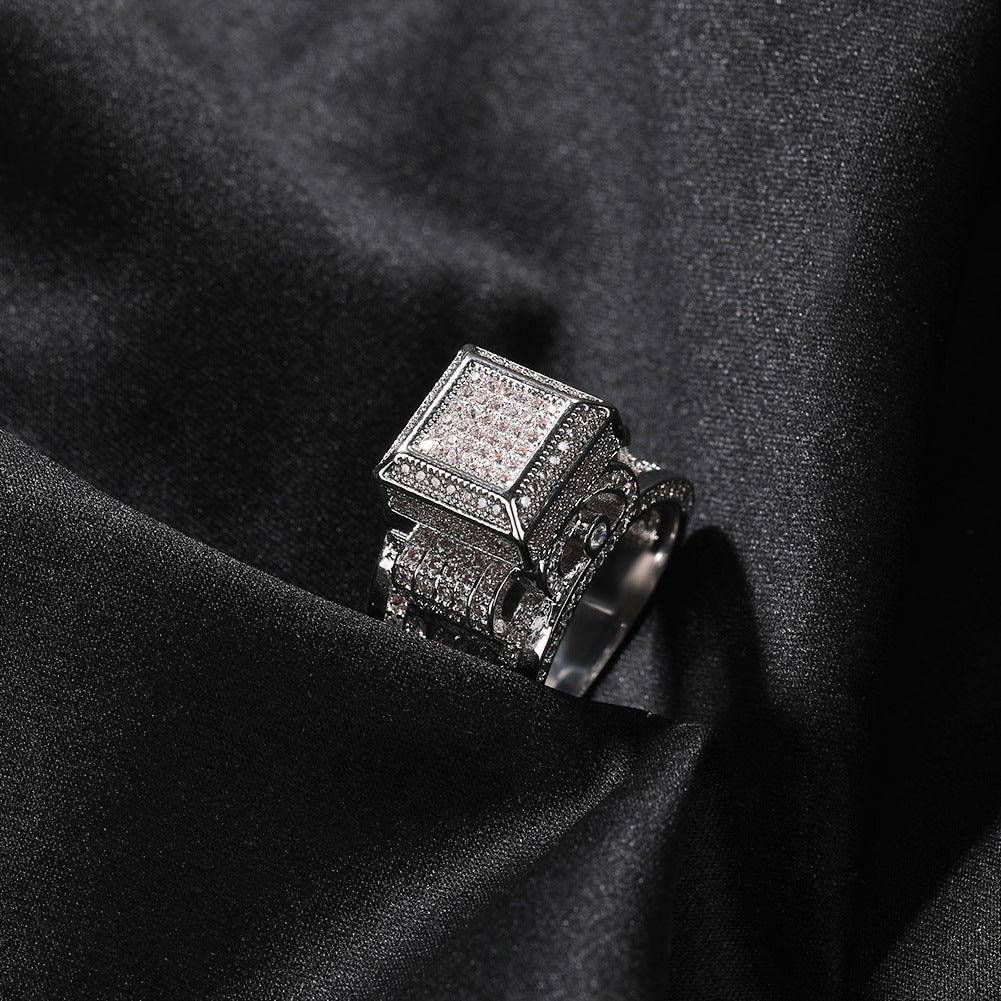 Anillo de pareja con incrustaciones de diamantes cuadrados estilo hip-hop