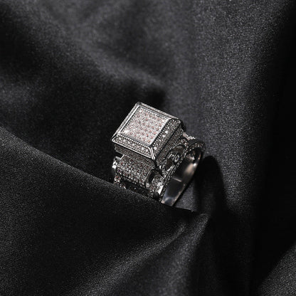 Anillo de pareja con incrustaciones de diamantes cuadrados estilo hip-hop