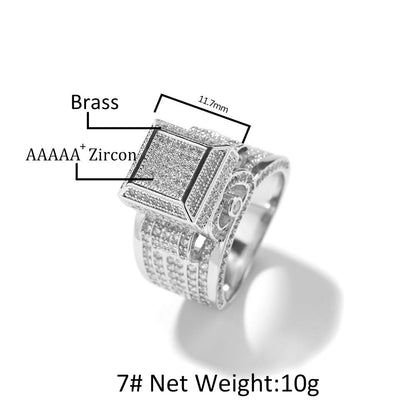 Anillo de pareja con incrustaciones de diamantes cuadrados estilo hip-hop