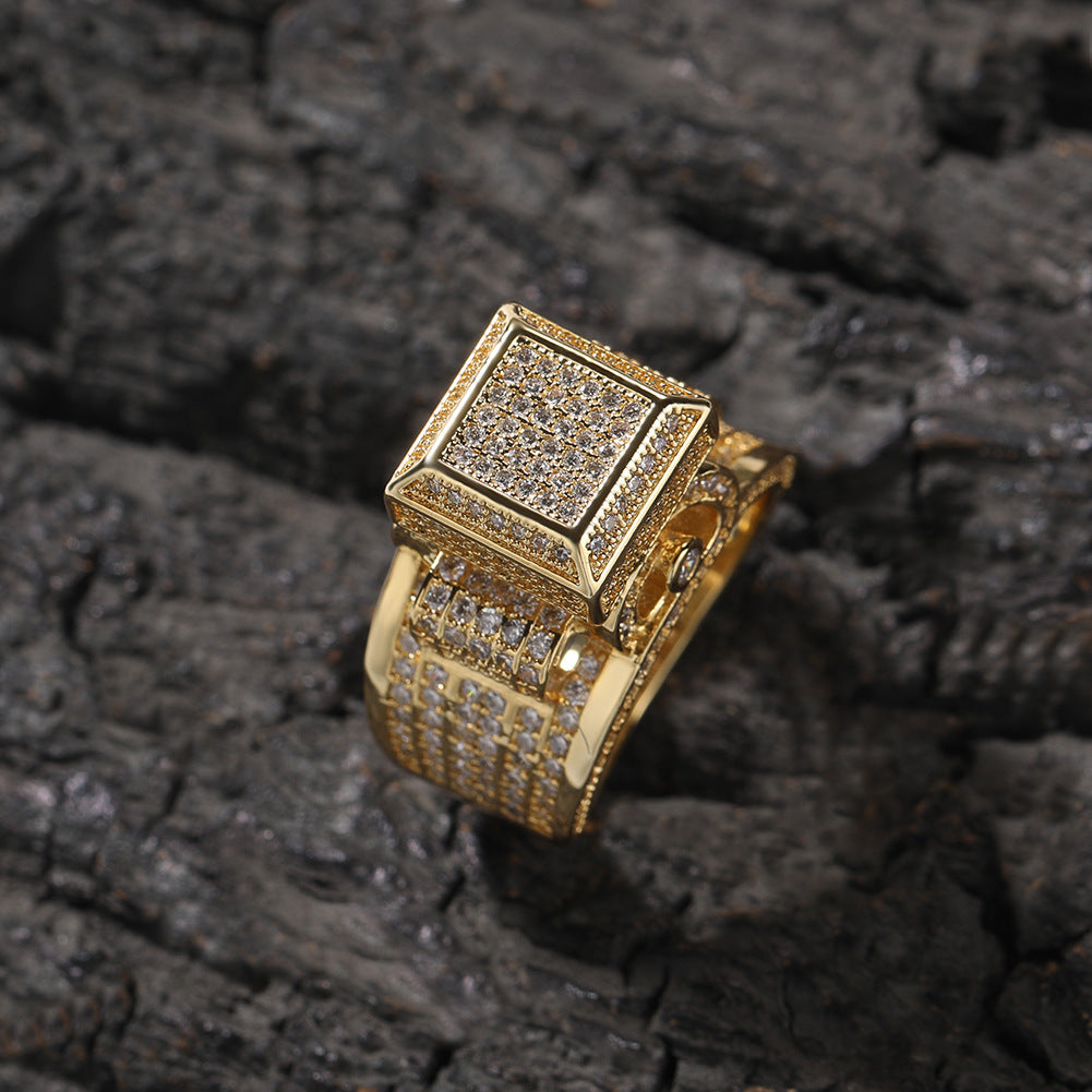 Anillo de pareja con incrustaciones de diamantes cuadrados estilo hip-hop