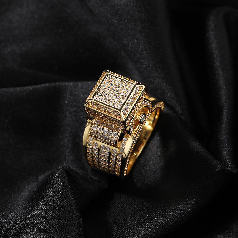 Anillo de pareja con incrustaciones de diamantes cuadrados estilo hip-hop