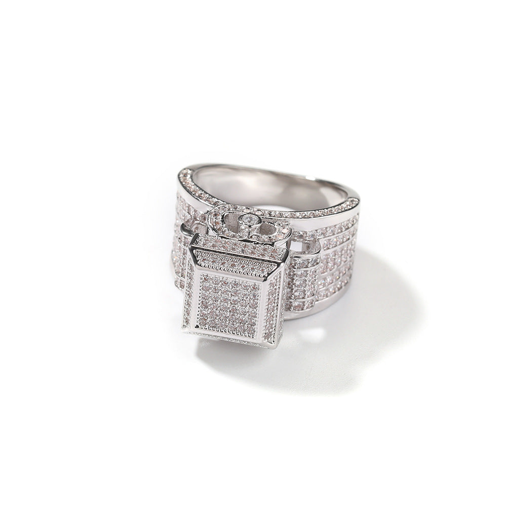 Anillo de pareja con incrustaciones de diamantes cuadrados estilo hip-hop