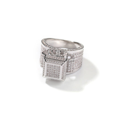 Anillo de pareja con incrustaciones de diamantes cuadrados estilo hip-hop