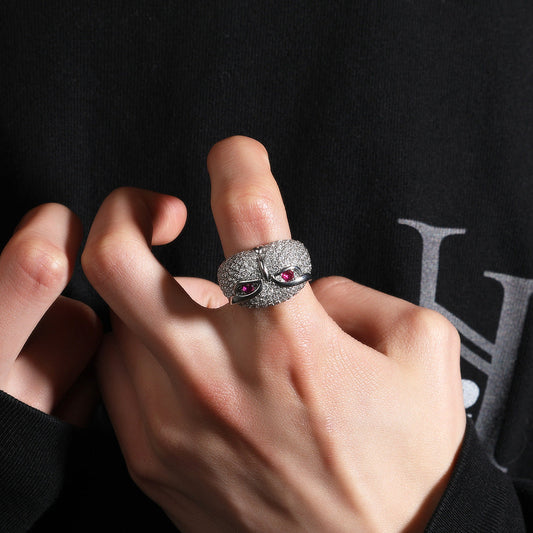 Anillo con incrustaciones de circonio, diseño de búho y estilo hip-hop