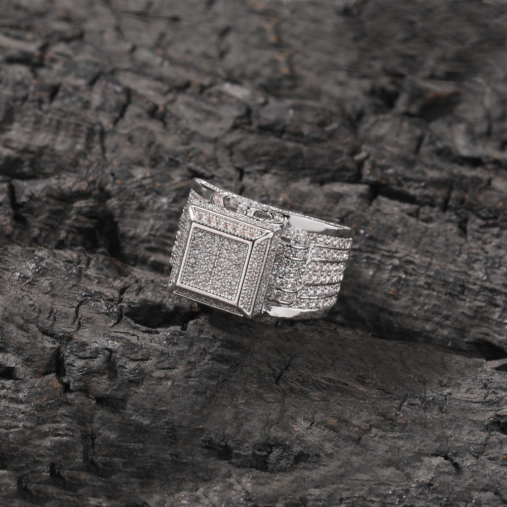 Anillo de pareja con incrustaciones de diamantes cuadrados estilo hip-hop