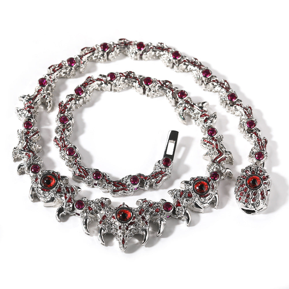 Collar de hip-hop exagerado con pinchos parásitos de ojos rojos y espinas con incrustaciones de diamantes