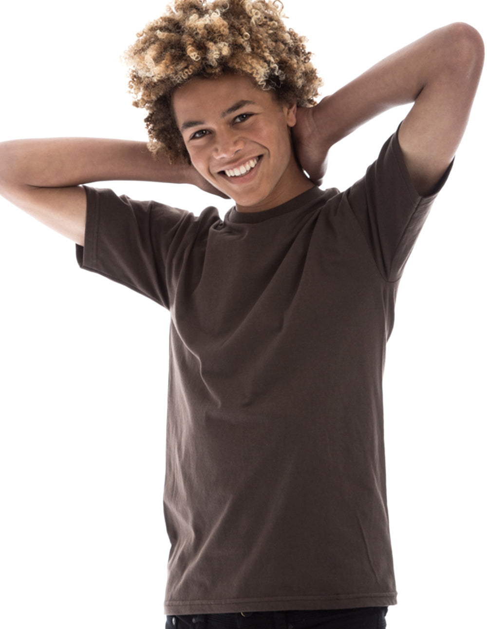 Person wearing a brown t-shirt on a white background